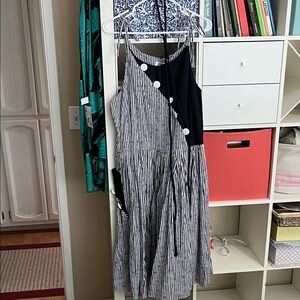 Unique Vintage Navy and White Striped Asymmetrical Dress